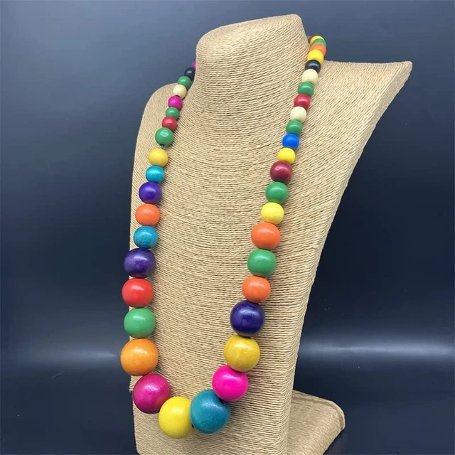 Alt view image 6 of 6 - Chunky Large Simulated Pearl Choker Necklace Drop Dangle Earrings Crystal Bib Big Round Beaded Strand Multicolor Costume Statement Wedding Jewelry Set for Women Brides-Wooden Colorful