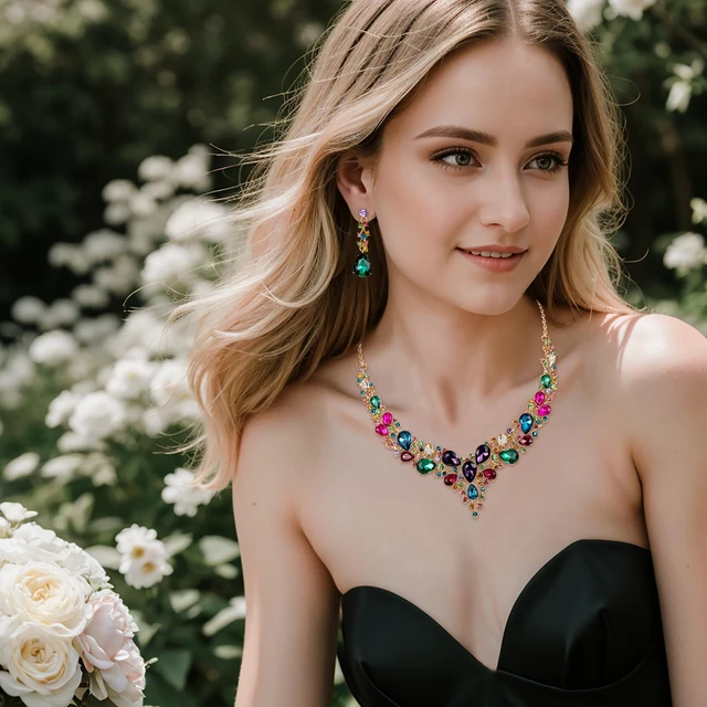 Alt view image 2 of 5 - Women's Wedding Statement Necklace Dangle Earring Jewelry | Austrian Crystal Teardrop Cluster,Necklaces Earrings Set for Bride Bridesmaid,Prom Accessories