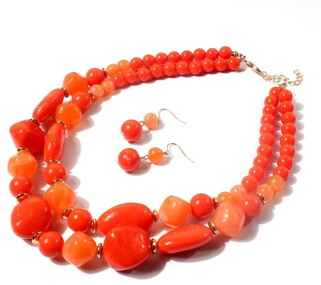 Main image of Chunky Strand Bib Choker Necklace Earrings Acrylic Beads Dangle Hook Earring Bohemia Costume Accessories Jewelry Beaded Chains for Women Bride Set (Orange)