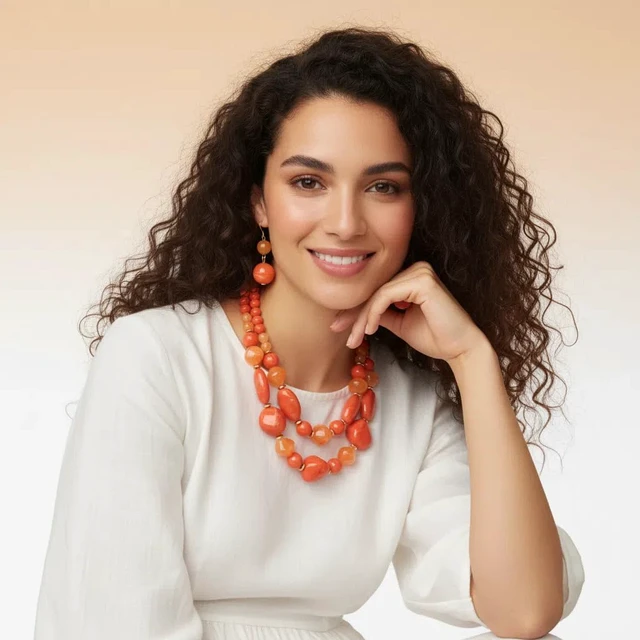 Alt view image 2 of 5 - Chunky Strand Bib Choker Necklace Earrings Acrylic Beads Dangle Hook Earring Bohemia Costume Accessories Jewelry Beaded Chains for Women Bride Set (Orange)