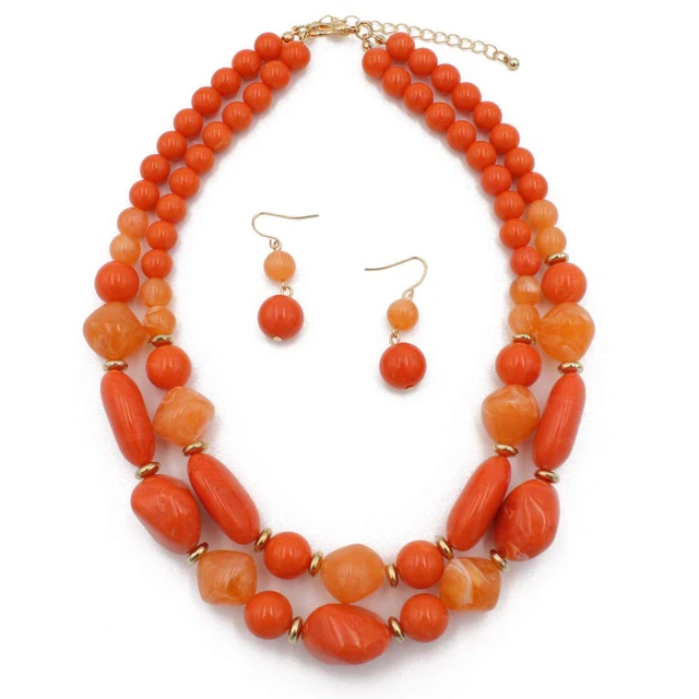 Alt view image 5 of 5 - Chunky Strand Bib Choker Necklace Earrings Acrylic Beads Dangle Hook Earring Bohemia Costume Accessories Jewelry Beaded Chains for Women Bride Set (Orange)