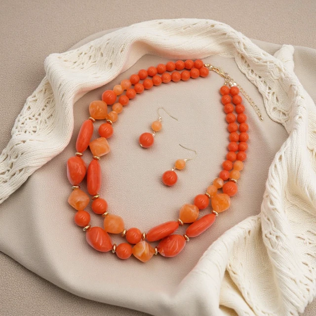 Alt view image 4 of 5 - Chunky Strand Bib Choker Necklace Earrings Acrylic Beads Dangle Hook Earring Bohemia Costume Accessories Jewelry Beaded Chains for Women Bride Set (Orange)