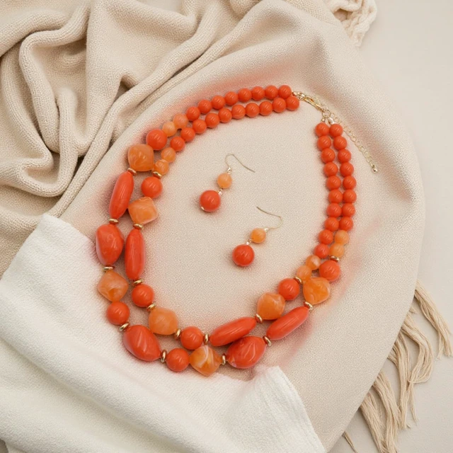 Alt view image 3 of 5 - Chunky Strand Bib Choker Necklace Earrings Acrylic Beads Dangle Hook Earring Bohemia Costume Accessories Jewelry Beaded Chains for Women Bride Set (Orange)