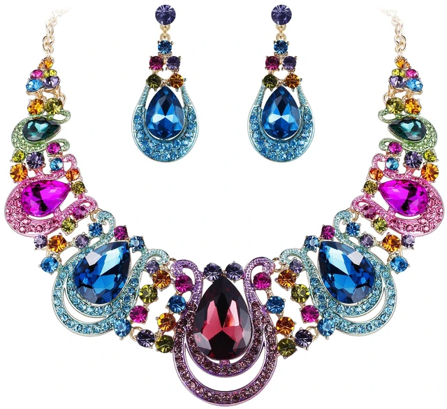 Main image of Women's Costume Statement Necklace Dangle Earrings Set Multicolor | Gorgeous Crystal Teardrop Hollow Scroll Jewelry Set for Prom Accessories Gold-Tone