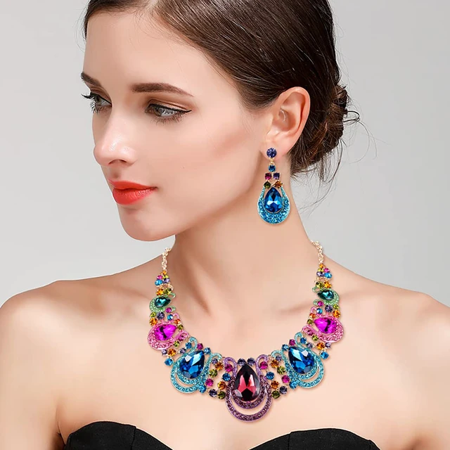 Alt view image 2 of 4 - Women's Costume Statement Necklace Dangle Earrings Set Multicolor | Gorgeous Crystal Teardrop Hollow Scroll Jewelry Set for Prom Accessories Gold-Tone