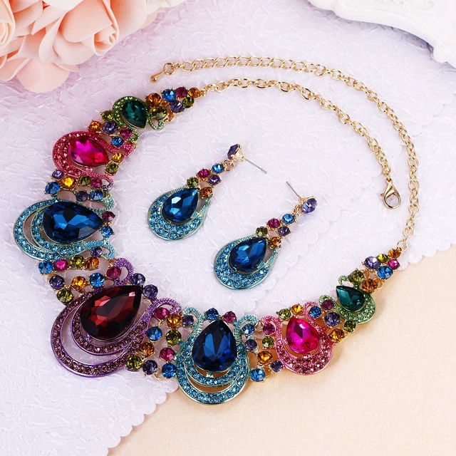 Alt view image 3 of 4 - Women's Costume Statement Necklace Dangle Earrings Set Multicolor | Gorgeous Crystal Teardrop Hollow Scroll Jewelry Set for Prom Accessories Gold-Tone