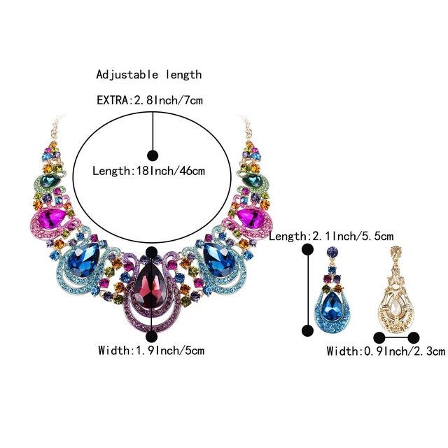 Alt view image 4 of 4 - Women's Costume Statement Necklace Dangle Earrings Set Multicolor | Gorgeous Crystal Teardrop Hollow Scroll Jewelry Set for Prom Accessories Gold-Tone