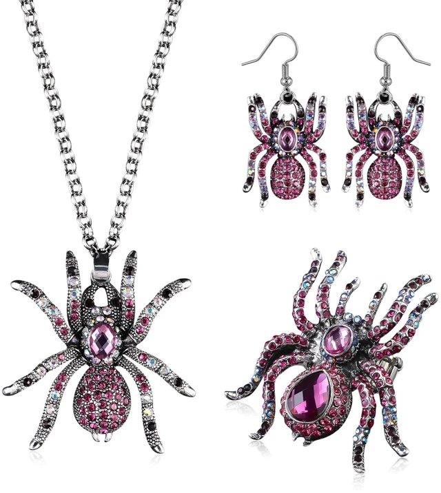 Main image of 3 Sets Spider Jewelry Crystal Necklace Earrings Ring Women,Purple | Gothic Halloween Costume Accessories with Rhinestone Spider Pendants, Dangle Drop Earrings, Adjustable Stretch Rings