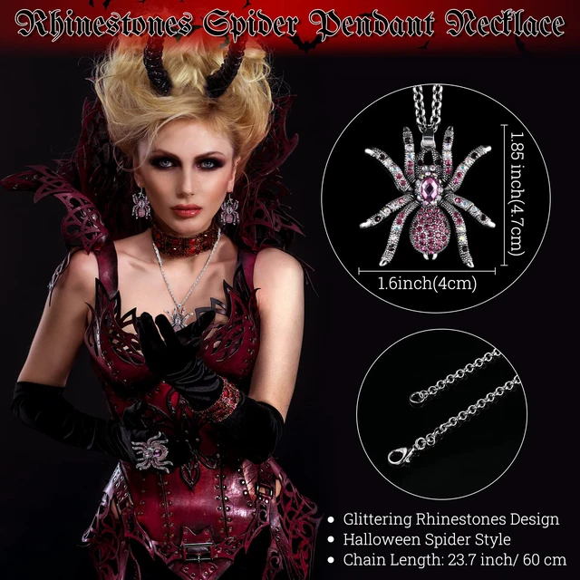 Alt view image 2 of 7 - 3 Sets Spider Jewelry Crystal Necklace Earrings Ring Women,Purple | Gothic Halloween Costume Accessories with Rhinestone Spider Pendants, Dangle Drop Earrings, Adjustable Stretch Rings