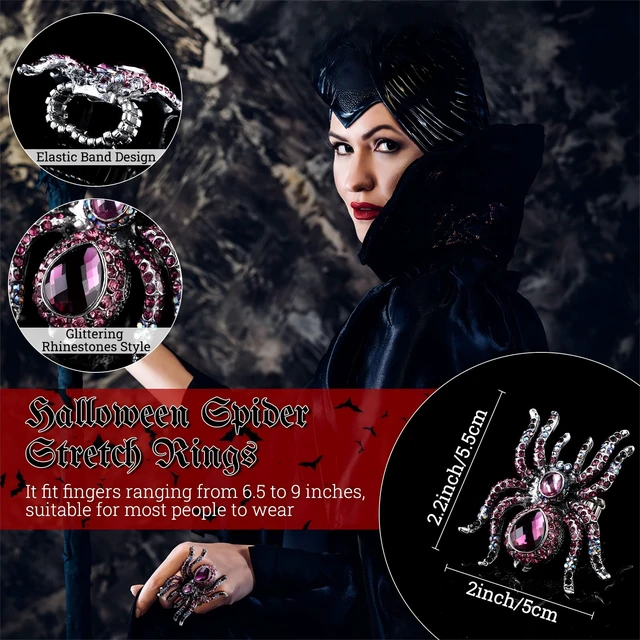 Alt view image 3 of 7 - 3 Sets Spider Jewelry Crystal Necklace Earrings Ring Women,Purple | Gothic Halloween Costume Accessories with Rhinestone Spider Pendants, Dangle Drop Earrings, Adjustable Stretch Rings