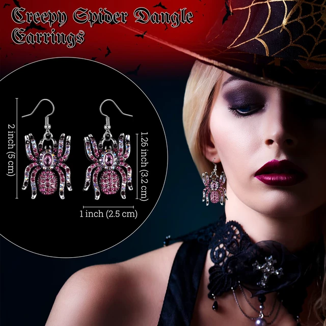 Alt view image 4 of 7 - 3 Sets Spider Jewelry Crystal Necklace Earrings Ring Women,Purple | Gothic Halloween Costume Accessories with Rhinestone Spider Pendants, Dangle Drop Earrings, Adjustable Stretch Rings