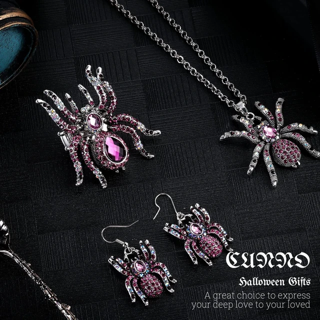 Alt view image 6 of 7 - 3 Sets Spider Jewelry Crystal Necklace Earrings Ring Women,Purple | Gothic Halloween Costume Accessories with Rhinestone Spider Pendants, Dangle Drop Earrings, Adjustable Stretch Rings