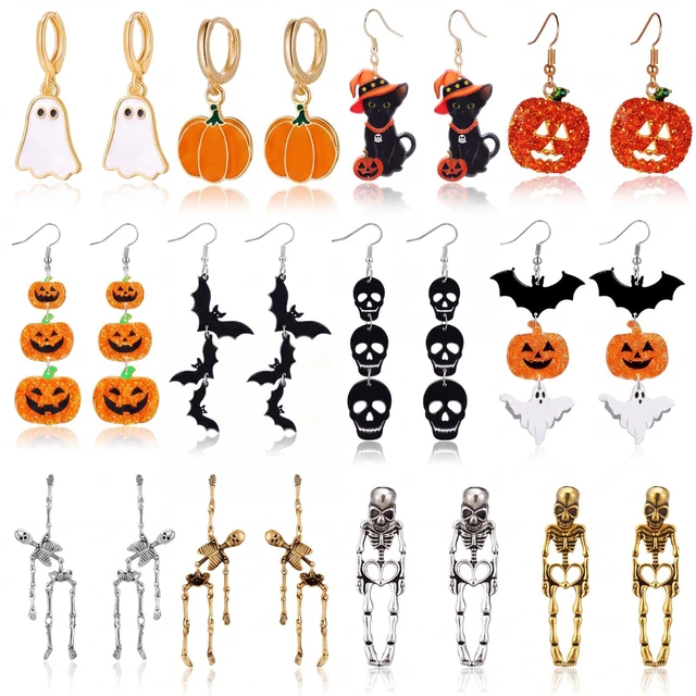 Main image of 12 Pairs Halloween Earrings Bulk for Women | Gothic Skull Ghost Pumpkin Witch Dangle Earring Set, Halloween Cosplay Party Outfits Jewelry Gifts