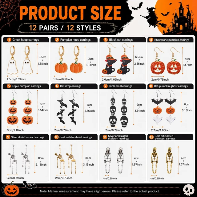 Alt view image 2 of 7 - 12 Pairs Halloween Earrings Bulk for Women | Gothic Skull Ghost Pumpkin Witch Dangle Earring Set, Halloween Cosplay Party Outfits Jewelry Gifts
