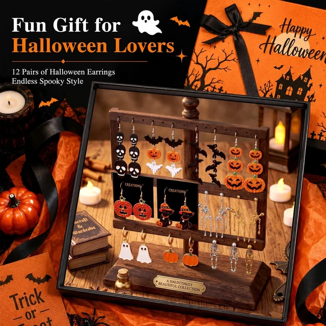Alt view image 3 of 7 - 12 Pairs Halloween Earrings Bulk for Women | Gothic Skull Ghost Pumpkin Witch Dangle Earring Set, Halloween Cosplay Party Outfits Jewelry Gifts