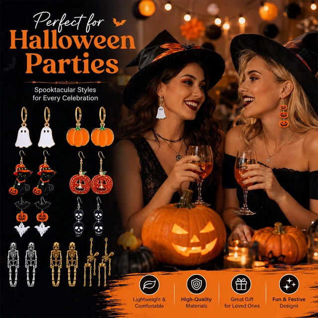 Alt view image 4 of 7 - 12 Pairs Halloween Earrings Bulk for Women | Gothic Skull Ghost Pumpkin Witch Dangle Earring Set, Halloween Cosplay Party Outfits Jewelry Gifts