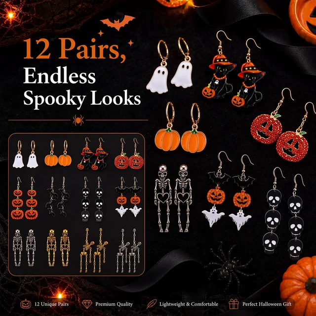 Alt view image 5 of 7 - 12 Pairs Halloween Earrings Bulk for Women | Gothic Skull Ghost Pumpkin Witch Dangle Earring Set, Halloween Cosplay Party Outfits Jewelry Gifts