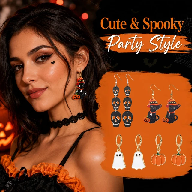 Alt view image 6 of 7 - 12 Pairs Halloween Earrings Bulk for Women | Gothic Skull Ghost Pumpkin Witch Dangle Earring Set, Halloween Cosplay Party Outfits Jewelry Gifts