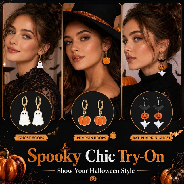 Alt view image 7 of 7 - 12 Pairs Halloween Earrings Bulk for Women | Gothic Skull Ghost Pumpkin Witch Dangle Earring Set, Halloween Cosplay Party Outfits Jewelry Gifts