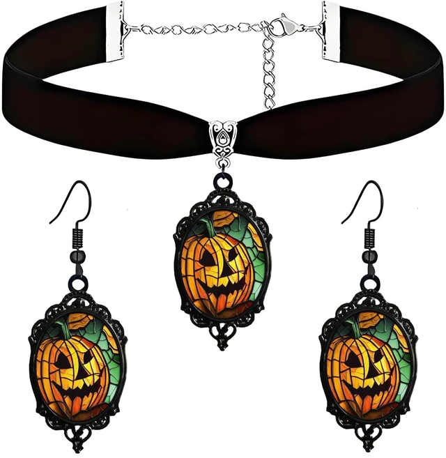 Main image of Halloween Gothic Jewelry Set for Women Cute Vintage Bat Ghost Witch Punk Crystal Glass Boo Dangle Drop Earrings and Velvet Style Mystic Choker Necklace Jewelry (pumpkin)