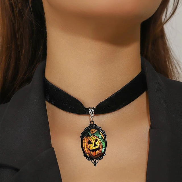Alt view image 5 of 7 - Halloween Gothic Jewelry Set for Women Cute Vintage Bat Ghost Witch Punk Crystal Glass Boo Dangle Drop Earrings and Velvet Style Mystic Choker Necklace Jewelry (pumpkin)