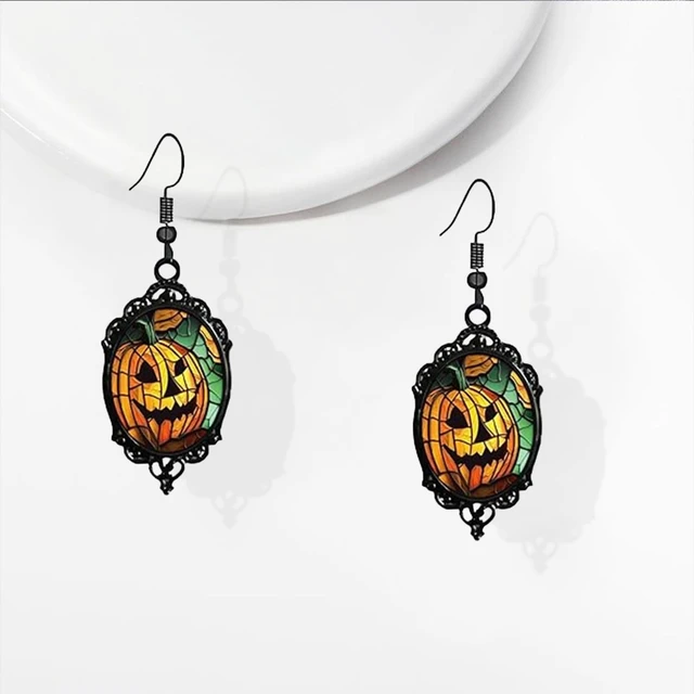 Alt view image 7 of 7 - Halloween Gothic Jewelry Set for Women Cute Vintage Bat Ghost Witch Punk Crystal Glass Boo Dangle Drop Earrings and Velvet Style Mystic Choker Necklace Jewelry (pumpkin)