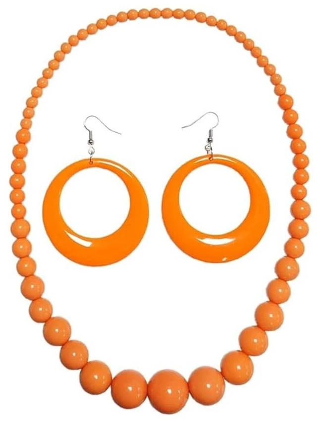 Main image of 80s 90s Retro Beaded Necklace & Large Hoop Earrings Set for Women, Acrylic Gradient Ball Necklace Circle Dangle Earrings, Vintage Disco Party Costume Jewelry for Halloween Cosplay (Orange)
