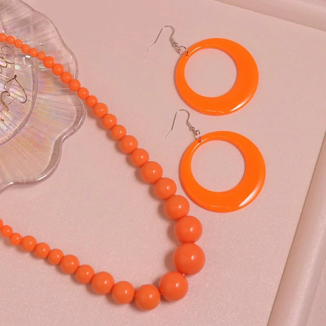 Alt view image 2 of 3 - 80s 90s Retro Beaded Necklace & Large Hoop Earrings Set for Women, Acrylic Gradient Ball Necklace Circle Dangle Earrings, Vintage Disco Party Costume Jewelry for Halloween Cosplay (Orange)