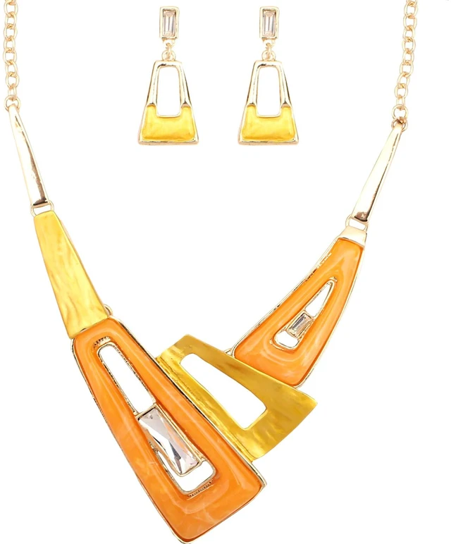 Main image of Irregular Enamel Triangle Shape shell Collar Bib Bohemian Boho Statement Necklace Earrings Fashion Costume Jewelry Set for Women (Orange-Gold Plated)