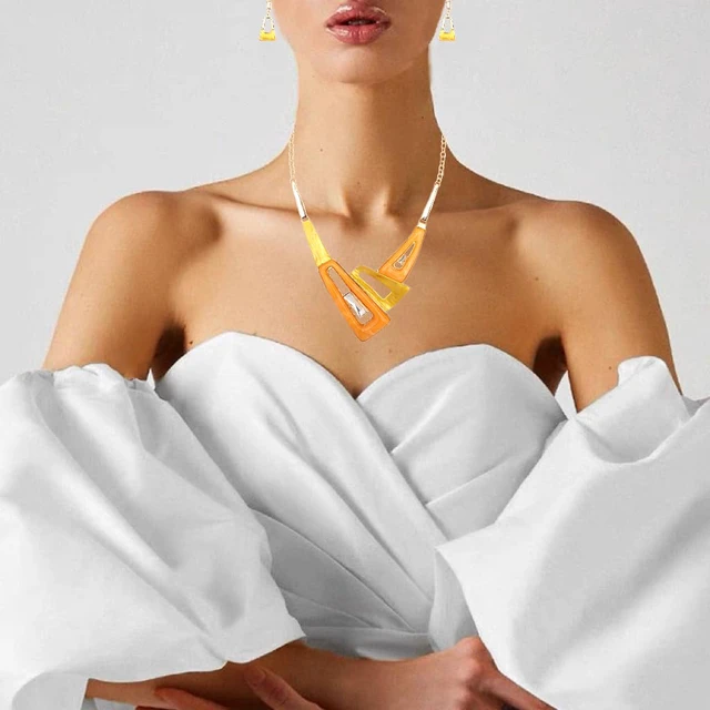 Alt view image 3 of 6 - Irregular Enamel Triangle Shape shell Collar Bib Bohemian Boho Statement Necklace Earrings Fashion Costume Jewelry Set for Women (Orange-Gold Plated)