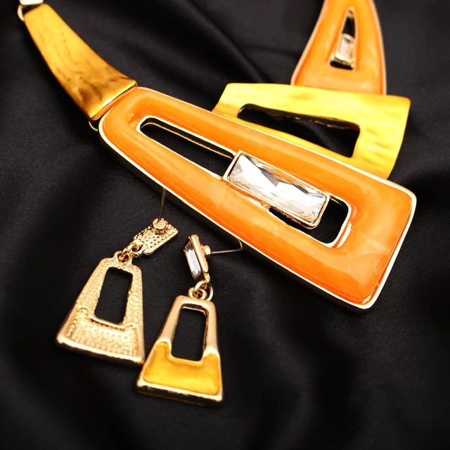 Alt view image 2 of 6 - Irregular Enamel Triangle Shape shell Collar Bib Bohemian Boho Statement Necklace Earrings Fashion Costume Jewelry Set for Women (Orange-Gold Plated)