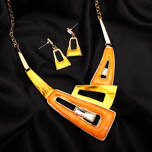 Alt view image 4 of 6 - Irregular Enamel Triangle Shape shell Collar Bib Bohemian Boho Statement Necklace Earrings Fashion Costume Jewelry Set for Women (Orange-Gold Plated)