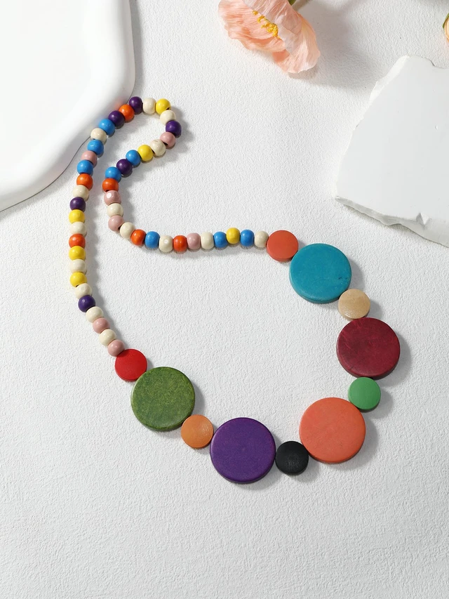 Alt view image 2 of 3 - Colorful Ethnic Wooden Earrings Round Statement Dangle Earrings Multilayered Geometric Beaded Bracelet Necklace Set for Women Exaggerated Tribal Jewelry (Round Disc Pendant Neck Chain-Colorful)