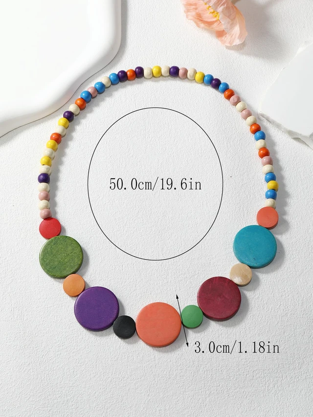 Alt view image 3 of 3 - Colorful Ethnic Wooden Earrings Round Statement Dangle Earrings Multilayered Geometric Beaded Bracelet Necklace Set for Women Exaggerated Tribal Jewelry (Round Disc Pendant Neck Chain-Colorful)