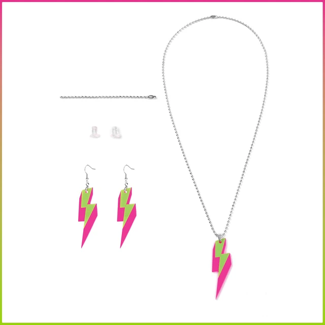 Alt view image 4 of 7 - 80s Neon Lightning Bolt Dangle Earrings with Pendant Necklace, Hot Pink and Lime Green Acrylic Jewelry Set, Retro Party Costume Accessories for Women