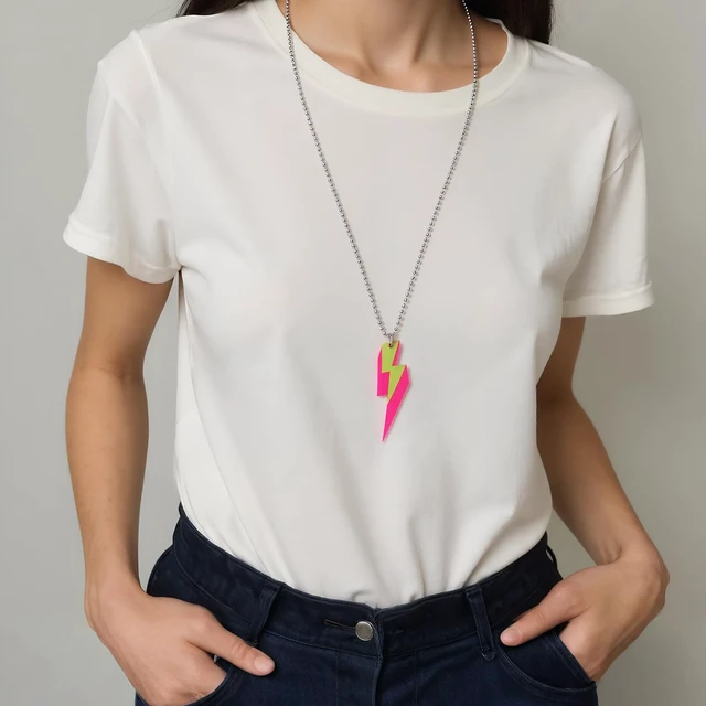 Alt view image 5 of 7 - 80s Neon Lightning Bolt Dangle Earrings with Pendant Necklace, Hot Pink and Lime Green Acrylic Jewelry Set, Retro Party Costume Accessories for Women