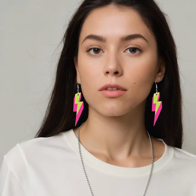 Alt view image 6 of 7 - 80s Neon Lightning Bolt Dangle Earrings with Pendant Necklace, Hot Pink and Lime Green Acrylic Jewelry Set, Retro Party Costume Accessories for Women