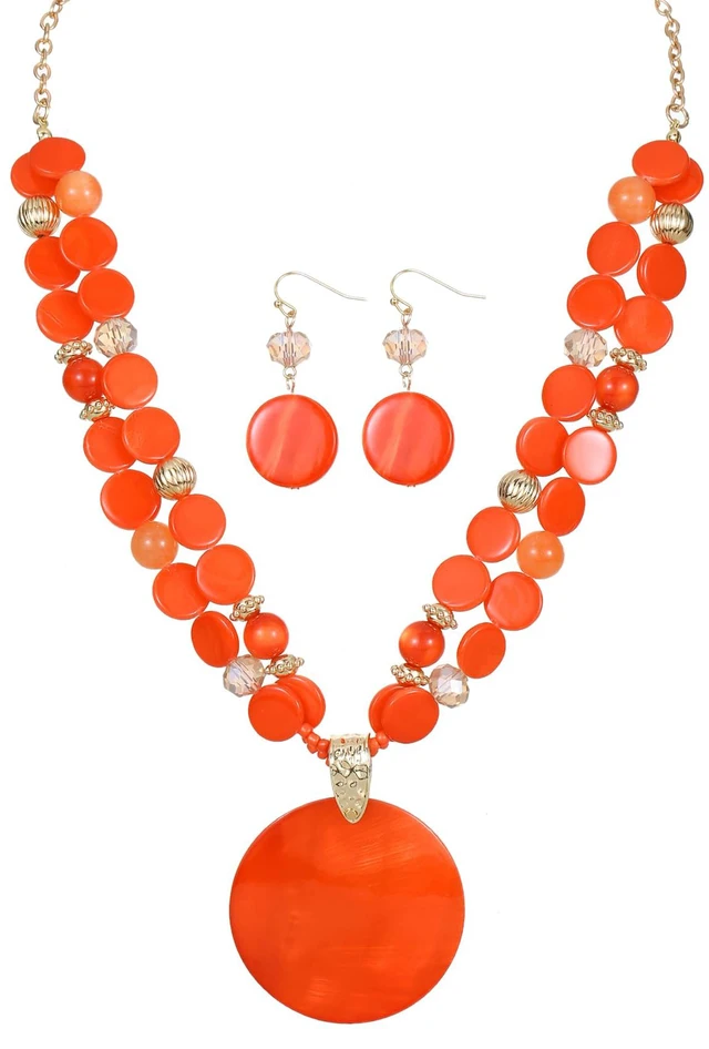 Main image of Layered Beads Statement Fashion Necklace Chunky Jewelry Set Big Colorful Glass Stone Circle Shell Pendant Choker Necklace and Earring Set for Women (Orange)
