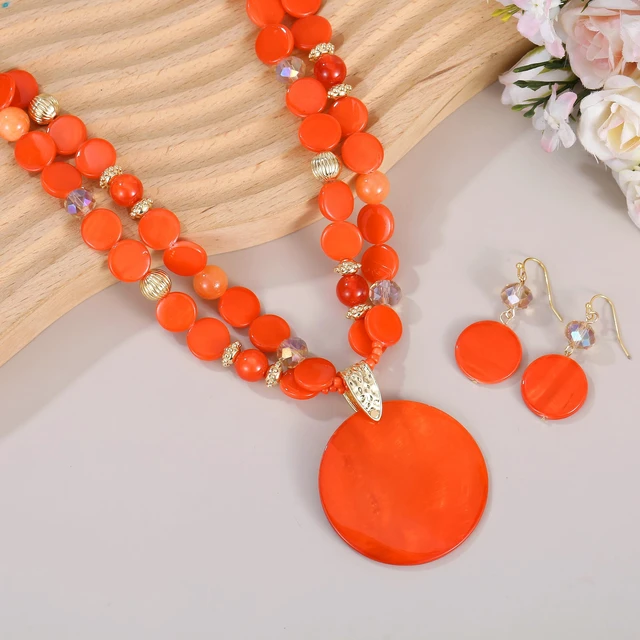 Alt view image 2 of 6 - Layered Beads Statement Fashion Necklace Chunky Jewelry Set Big Colorful Glass Stone Circle Shell Pendant Choker Necklace and Earring Set for Women (Orange)