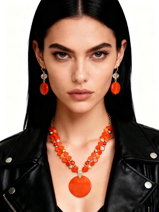 Alt view image 4 of 6 - Layered Beads Statement Fashion Necklace Chunky Jewelry Set Big Colorful Glass Stone Circle Shell Pendant Choker Necklace and Earring Set for Women (Orange)