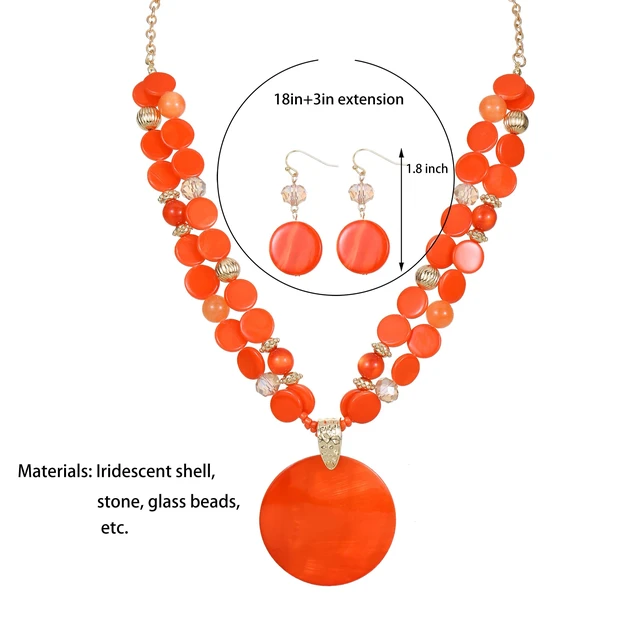 Alt view image 5 of 6 - Layered Beads Statement Fashion Necklace Chunky Jewelry Set Big Colorful Glass Stone Circle Shell Pendant Choker Necklace and Earring Set for Women (Orange)