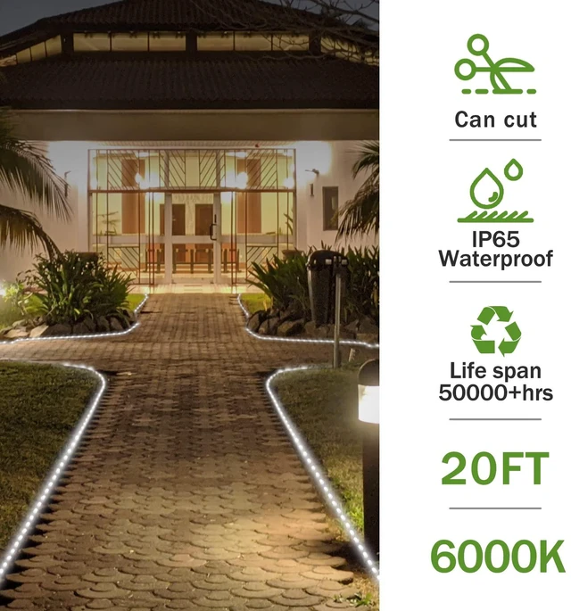 Alt view image 2 of 6 - LED Rope Lights, Daylight White 110V 6000K, Indoor or Outdoor, 20ft, Perfect for Deck, Garden, Patio, Landscape Lighting, Bedroom Décor, Waterproof, Ideal for Backyards, Decorative Lighting