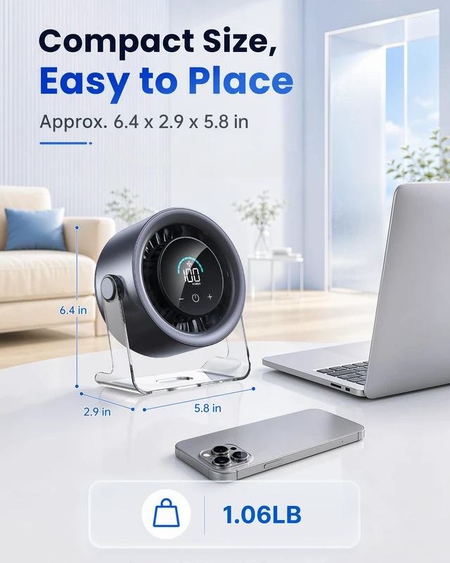 Alt view image 6 of 7 - USB Desk Fan for Bedroom: 100 Speeds Digital Display Quiet Portable Fan with Turbo Airflow, 120° Rotating Small Rechargeable Battery Desktop & Wall-Mounted Fans for Bedroom Home Office (Black)