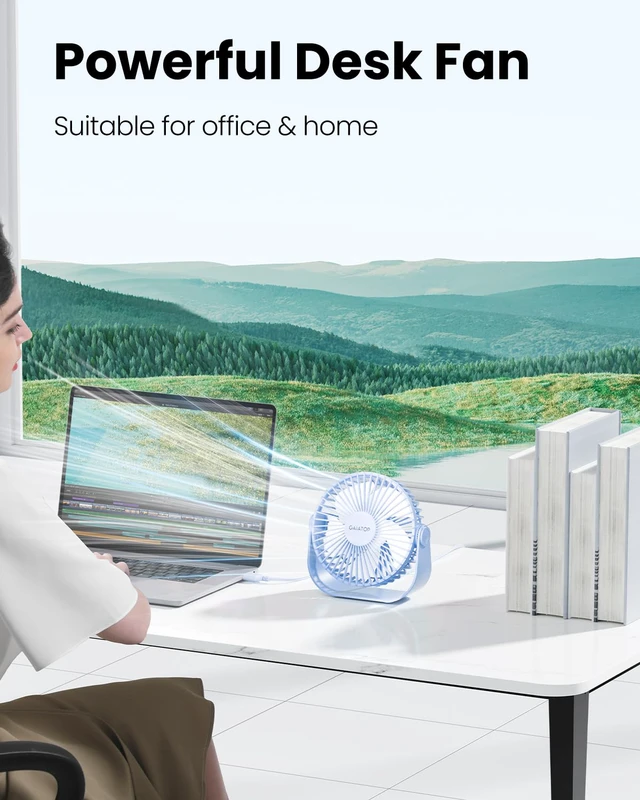 Alt view image 2 of 7 - USB Desk Fan, 5.5 Inch Quiet Small Portable Personal Table Fan | Powerful Airflow, 3 Speeds, USB Powered, 90° Rotate, Mini Size, Cooling for Bedroom Home, Office, Travel Blue