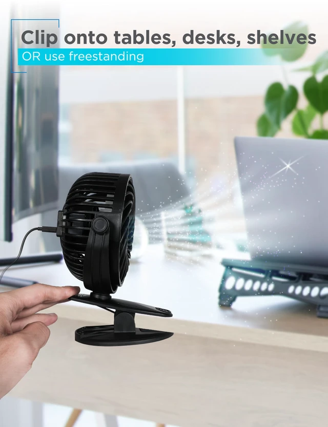 Alt view image 2 of 7 - 4" Convertible Cooling Fan, 3-Speed, Type-C USB, 2-Pack, Black | Table Clip and Standing Fan for Home or Office, Portable for Tabletop with 3 Speed Settings and Adjustable Tilt Angle, 2-Pack
