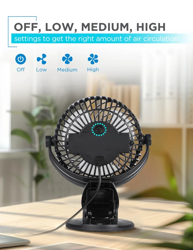 Alt view image 3 of 7 - 4" Convertible Cooling Fan, 3-Speed, Type-C USB, 2-Pack, Black | Table Clip and Standing Fan for Home or Office, Portable for Tabletop with 3 Speed Settings and Adjustable Tilt Angle, 2-Pack