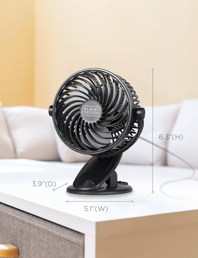 Alt view image 7 of 7 - 4" Convertible Cooling Fan, 3-Speed, Type-C USB, 2-Pack, Black | Table Clip and Standing Fan for Home or Office, Portable for Tabletop with 3 Speed Settings and Adjustable Tilt Angle, 2-Pack