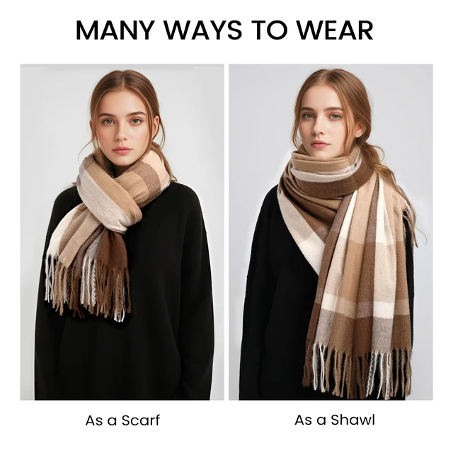 Alt view image 3 of 7 - Women's Winter Scarf, Plaid Blanket Scarf, Cozy Pashmina Shawl | Soft Cashmere-Feel Fabric, Classic Plaid Design, Long Length Wraps as Shawl or Blanket, Ideal for Cold Weather & Daily Wear