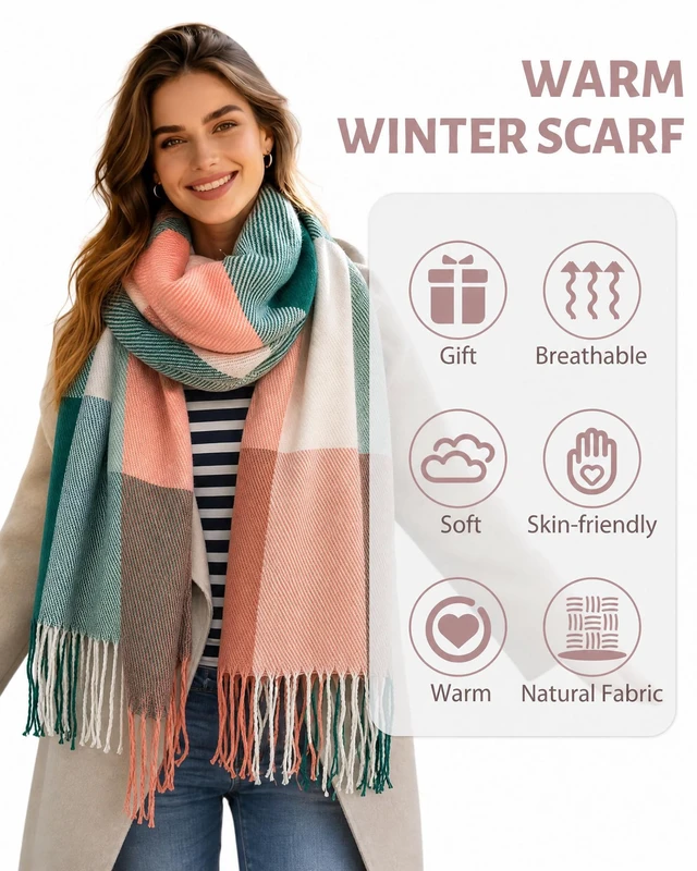 Alt view image 5 of 5 - Winter Scarf for Women Long Plaid Scarves Ladies Gifts | Warm Cashmere-Like Softness, Chic Plaid Design, Versatile Wrap Shawl, Oversized Blanket Scarf, Ideal Fall Winter Gift