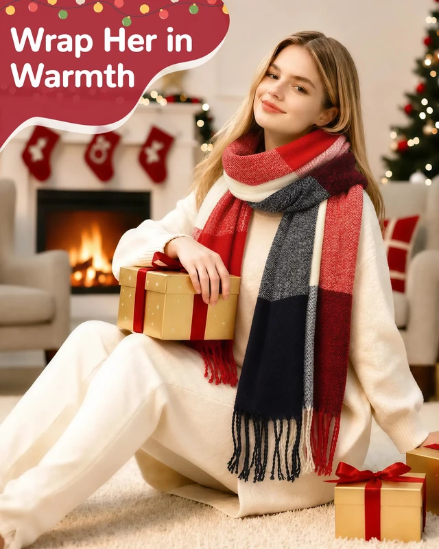 Alt view image 6 of 7 - Winter Scarf for Women, Long Plaid Shawl Wraps Scarves Gifts, Mix1 | Large Fall Scarfs, Big Grid Tartan Blanket, Soft Warm Chunky Oversized, Lattice Tassels, Stocking Stuffers, Christmas gift